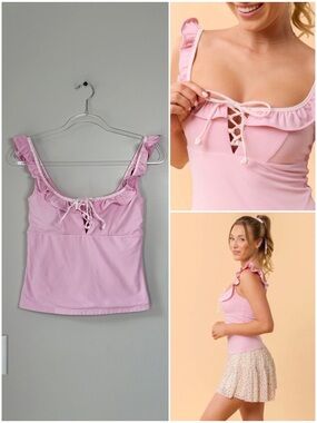 Blogilates Pink Ruffle Trim Lace Up Athletic Tank Workout Athleisure Flirty